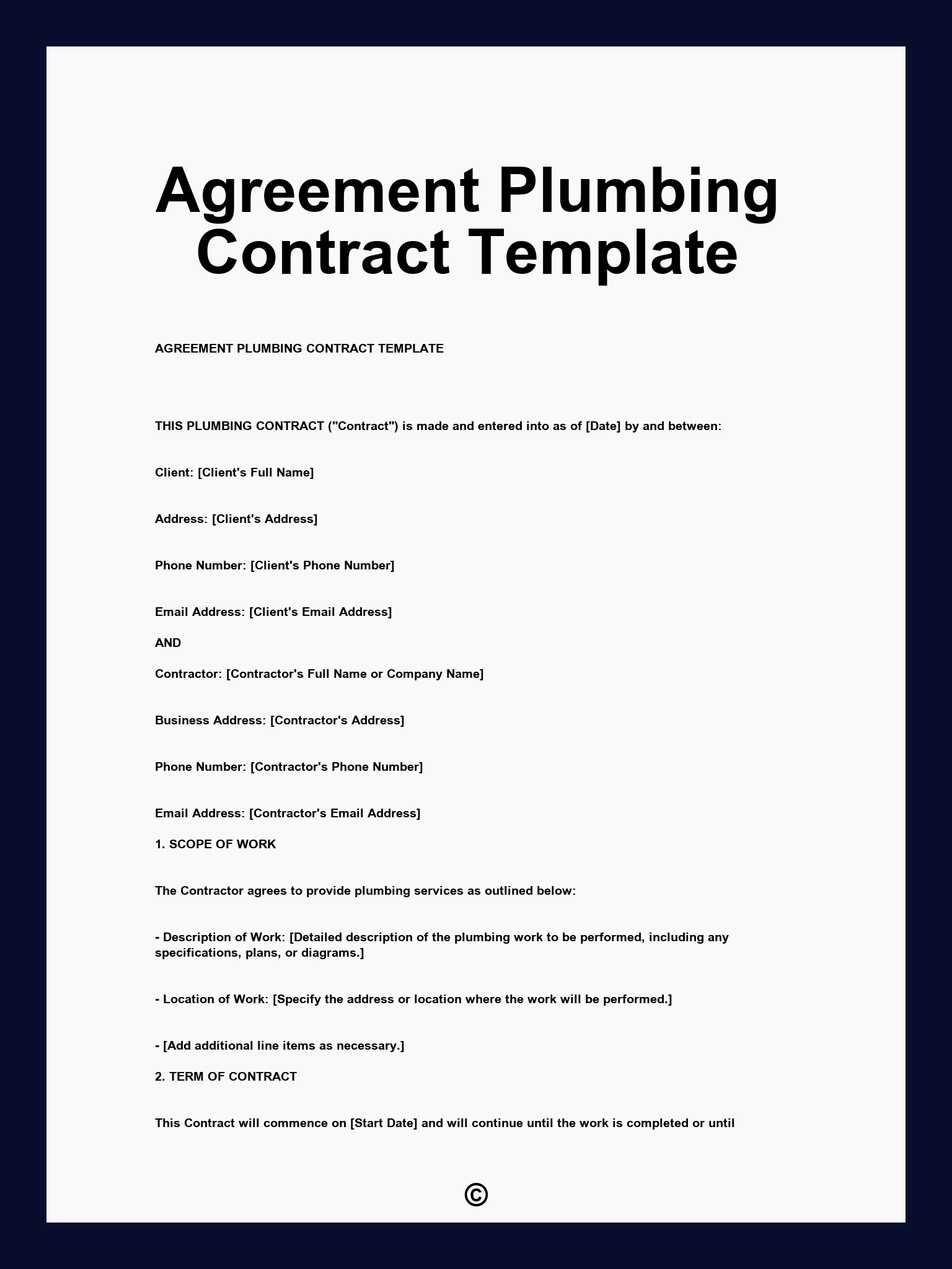 Agreement Plumbing Contract Template