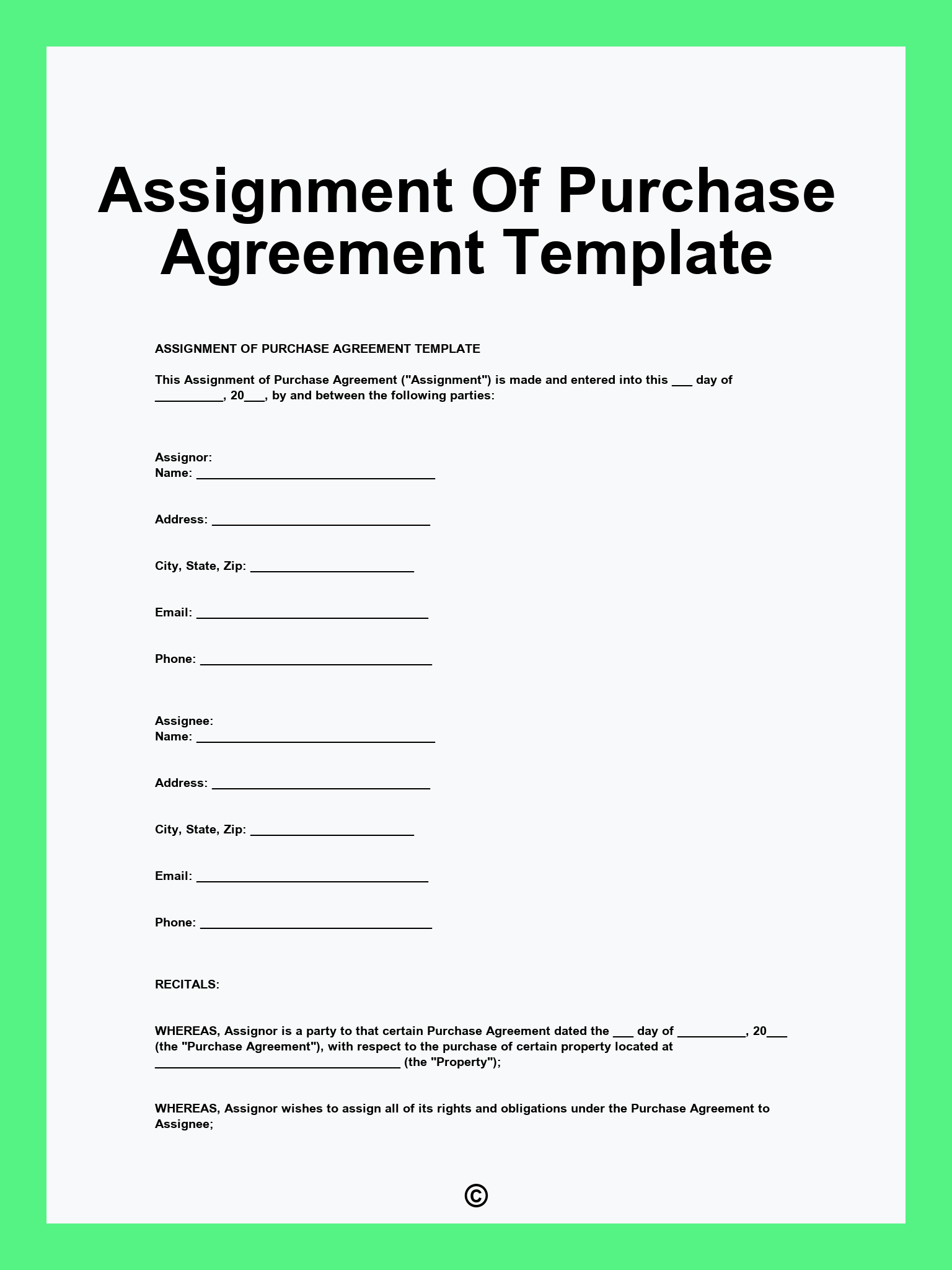 Assignment Of Purchase Agreement Template