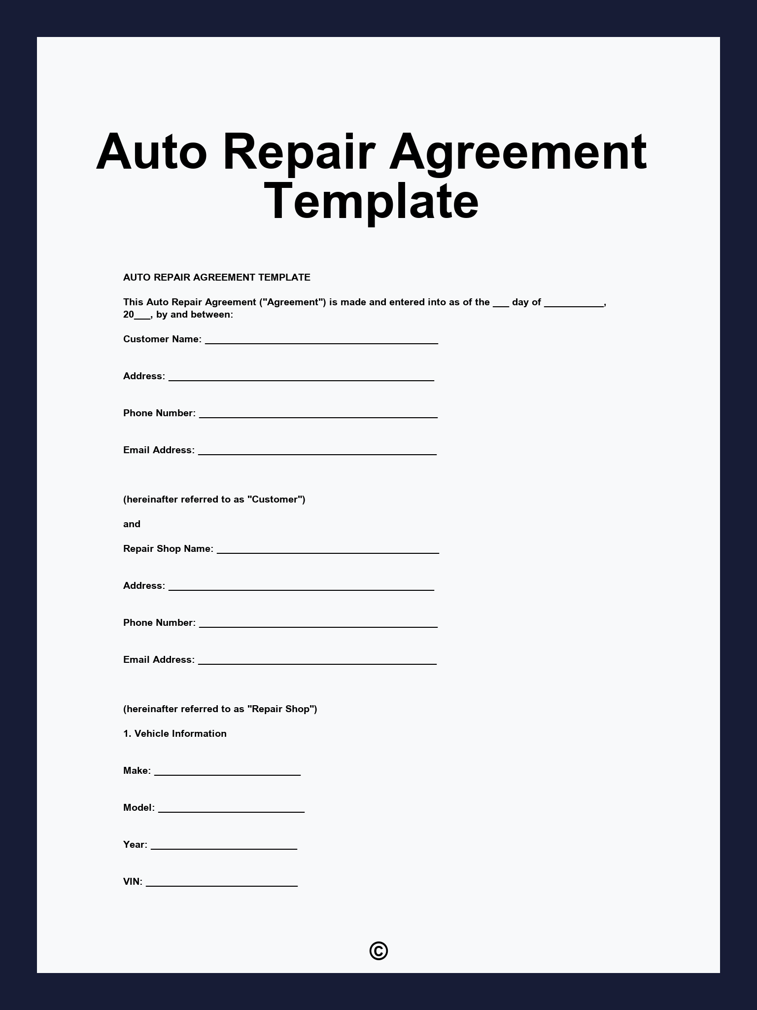 Auto Repair Agreement Template