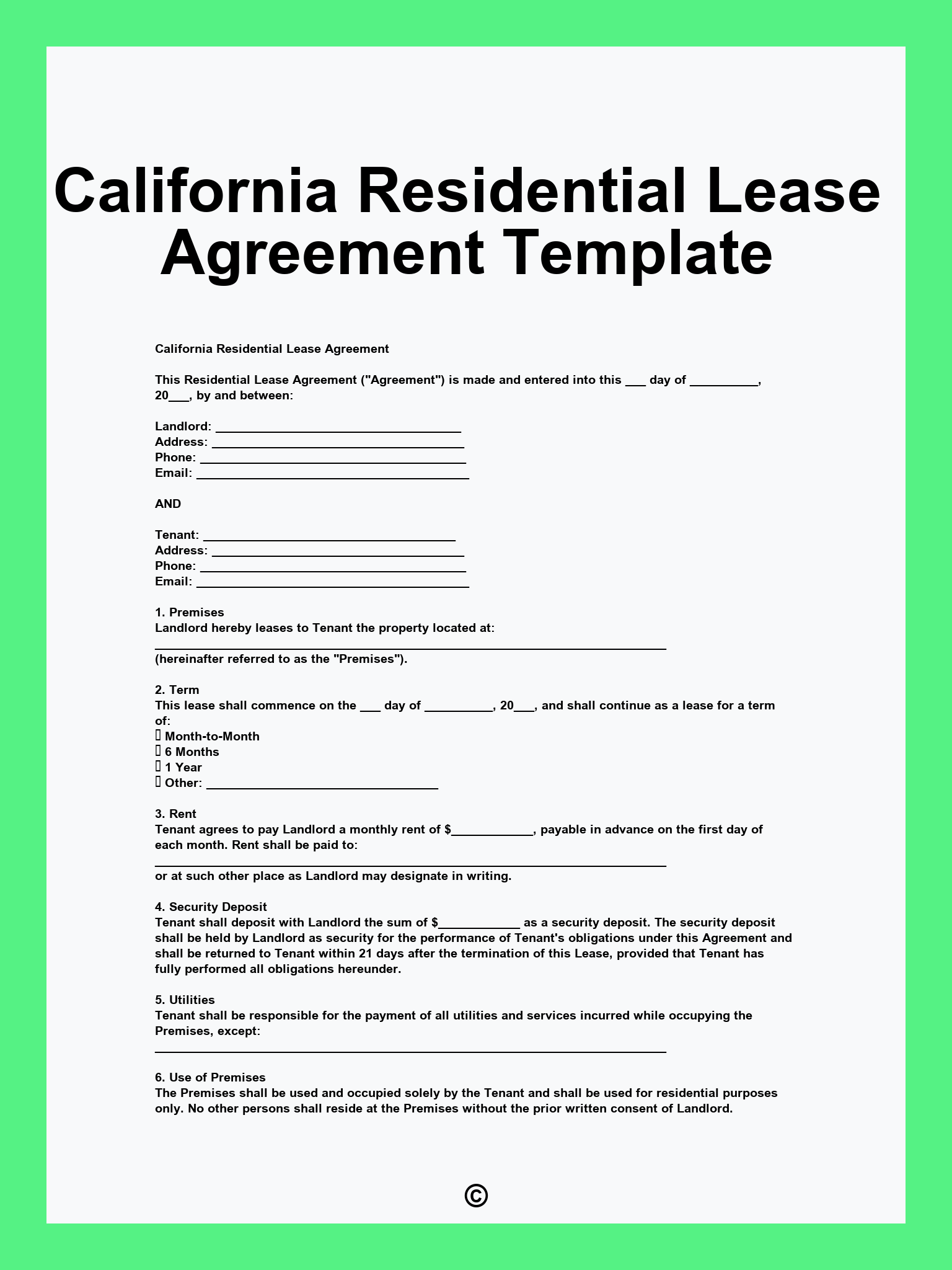 California Residential Lease Agreement Template