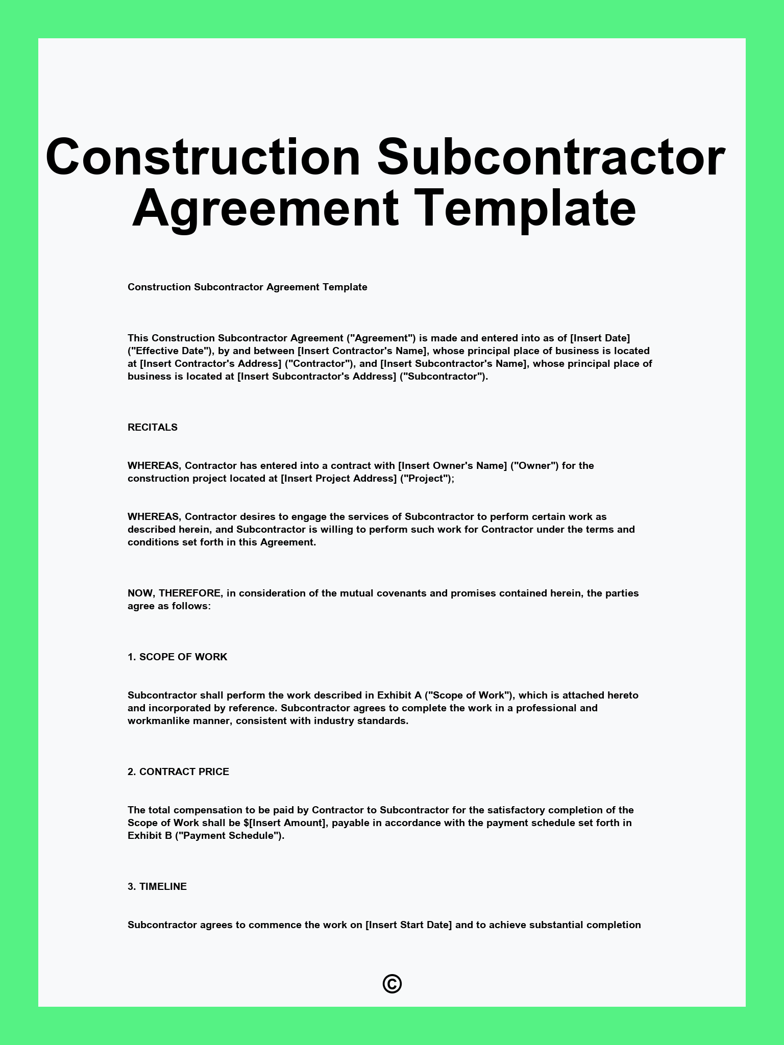 Construction Subcontractor Agreement Template