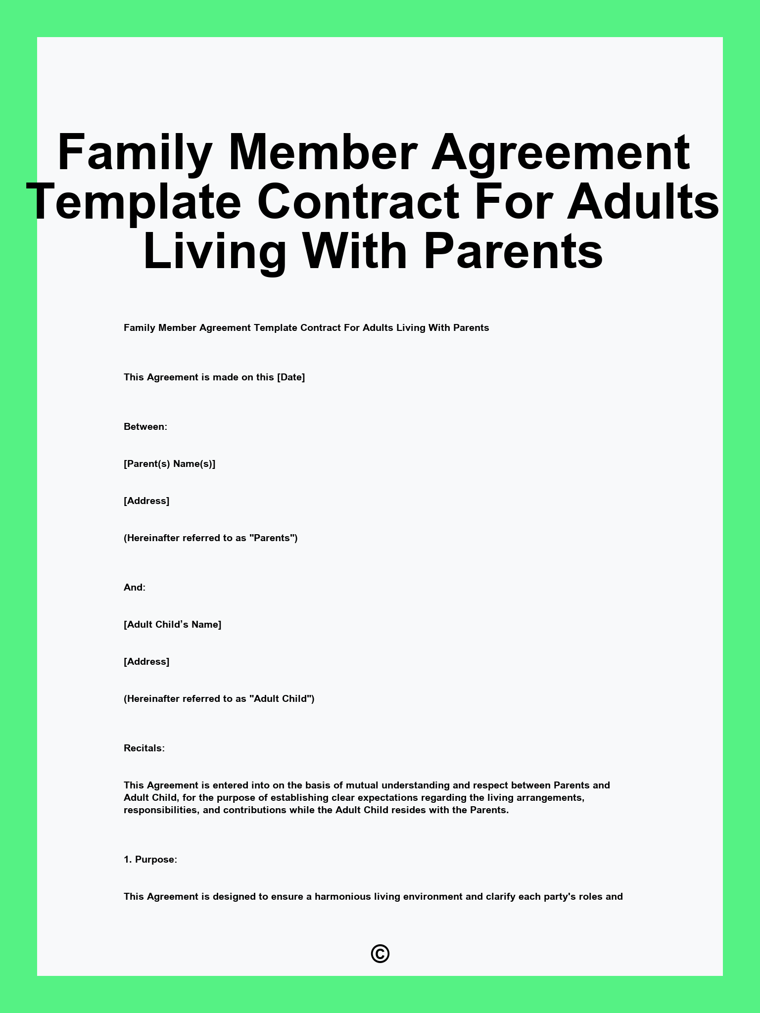 Family Member Agreement Template Contract For Adults Living With Parents