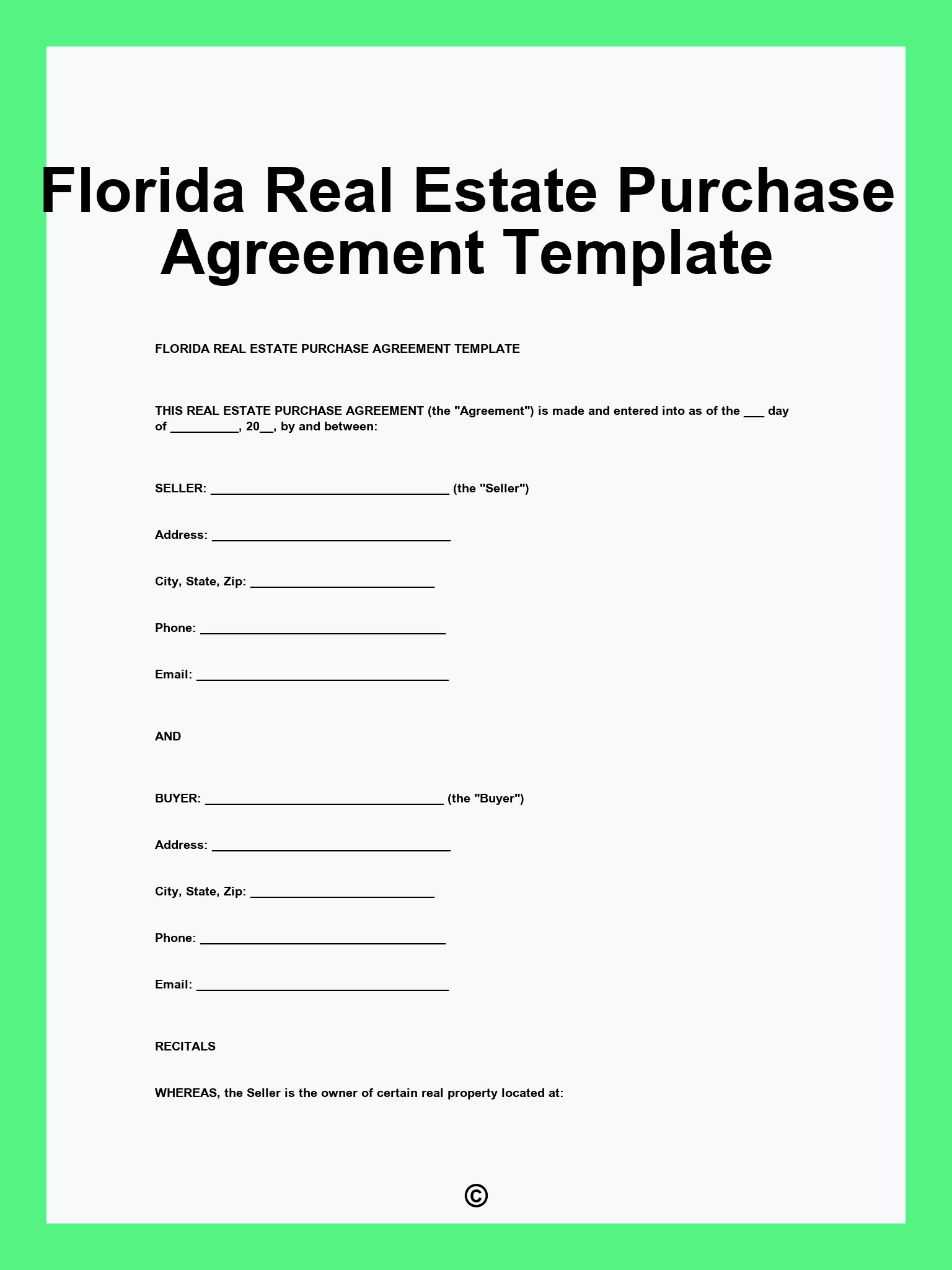 Florida Real Estate Purchase Agreement Template