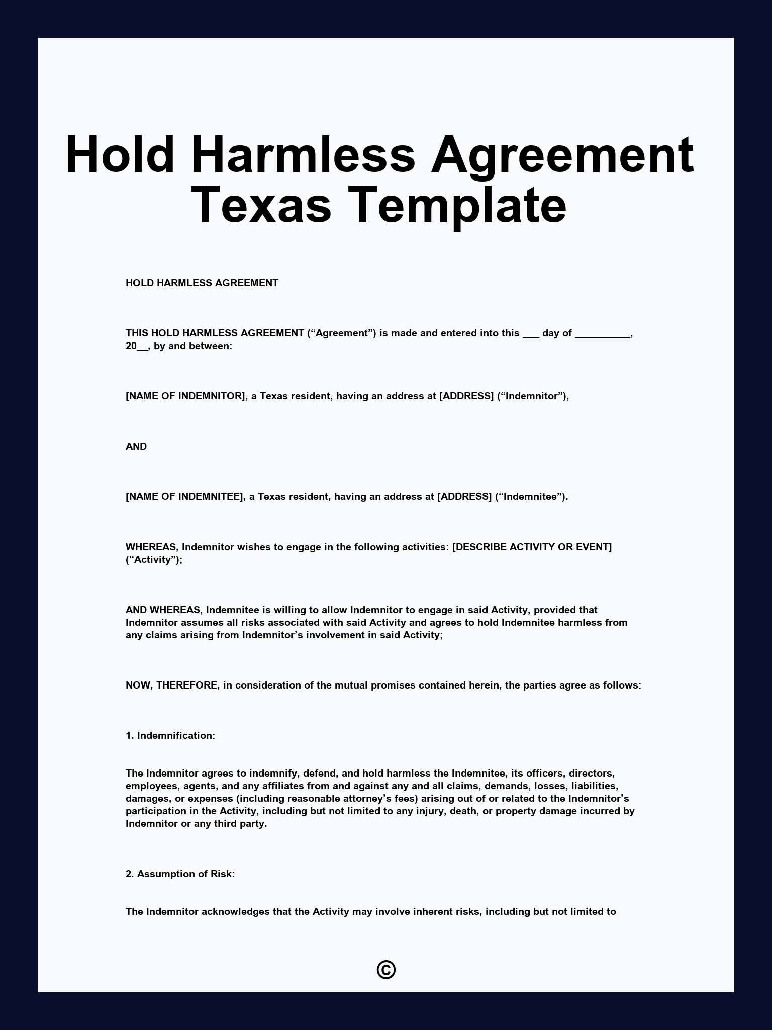 Hold Harmless Agreement Texas Template