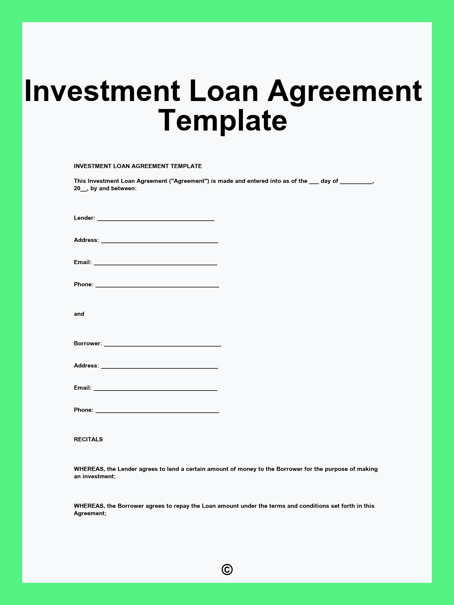 Investment Loan Agreement Template