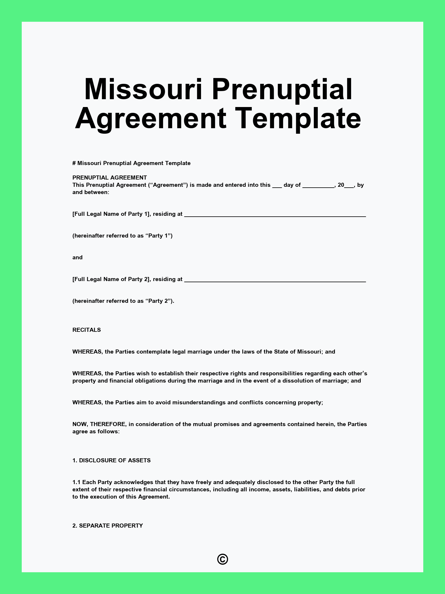 Missouri Prenuptial Agreement Template