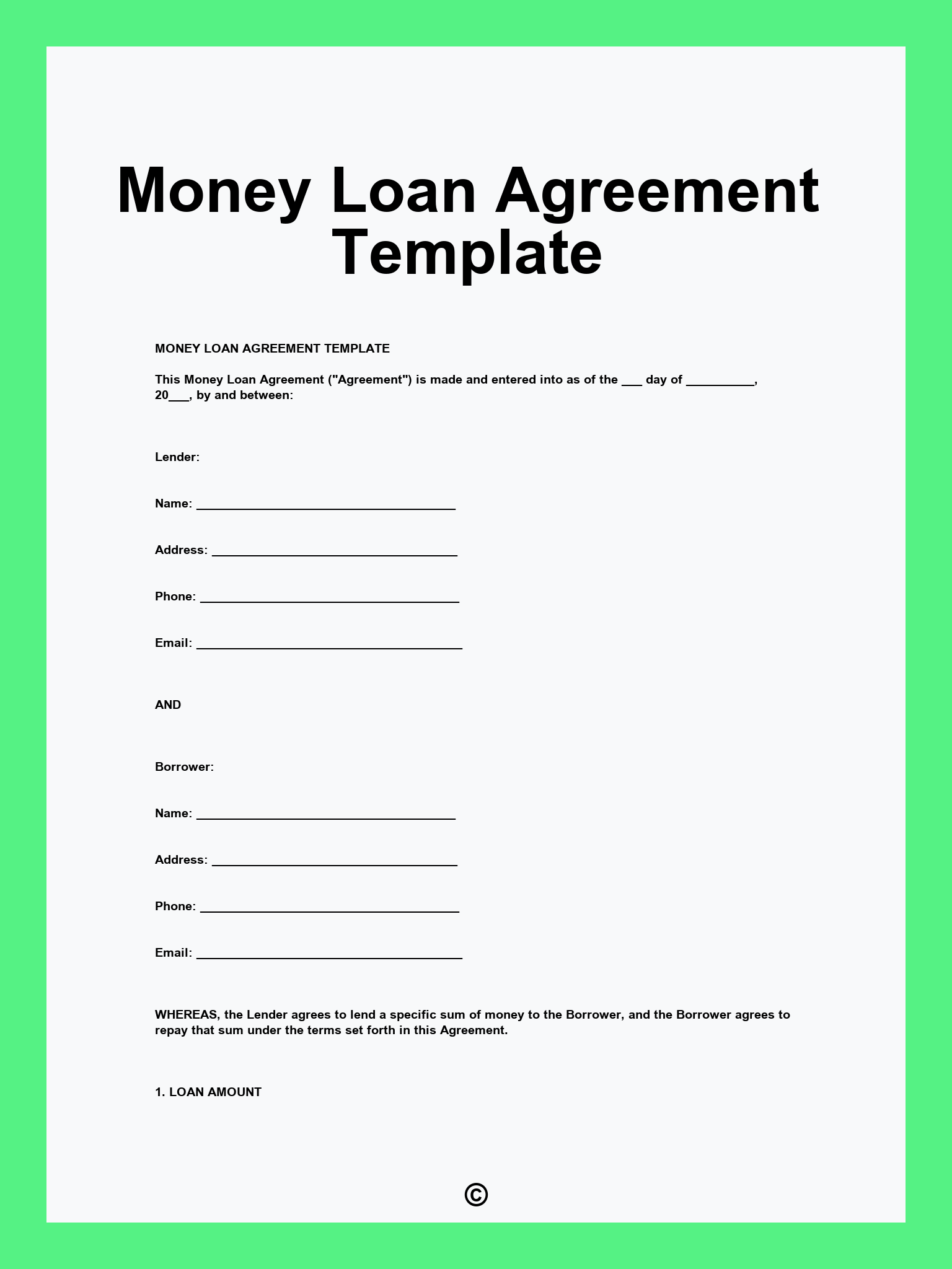 Money Loan Agreement Template