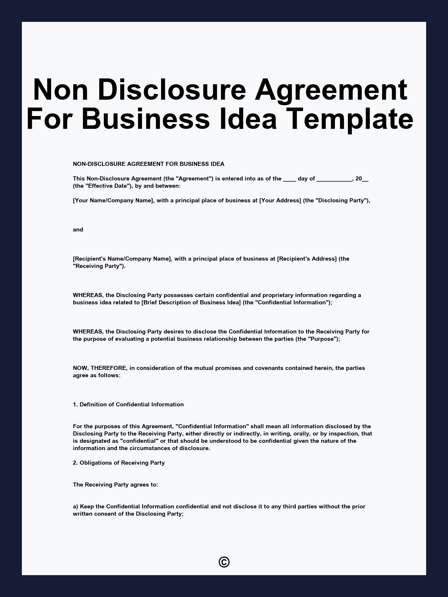 Non Disclosure Agreement For Business Idea Template