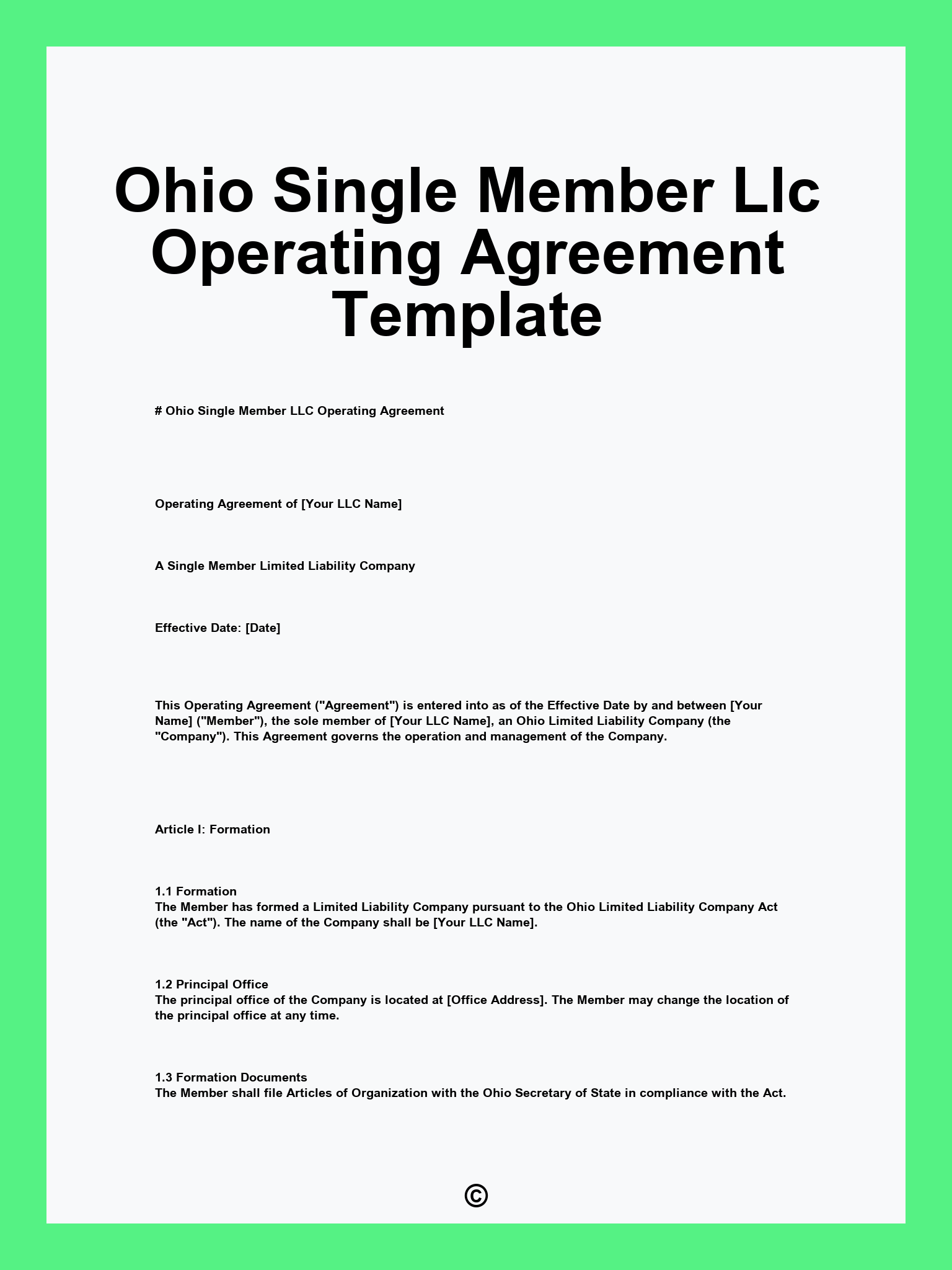 Ohio Single Member Llc Operating Agreement Template