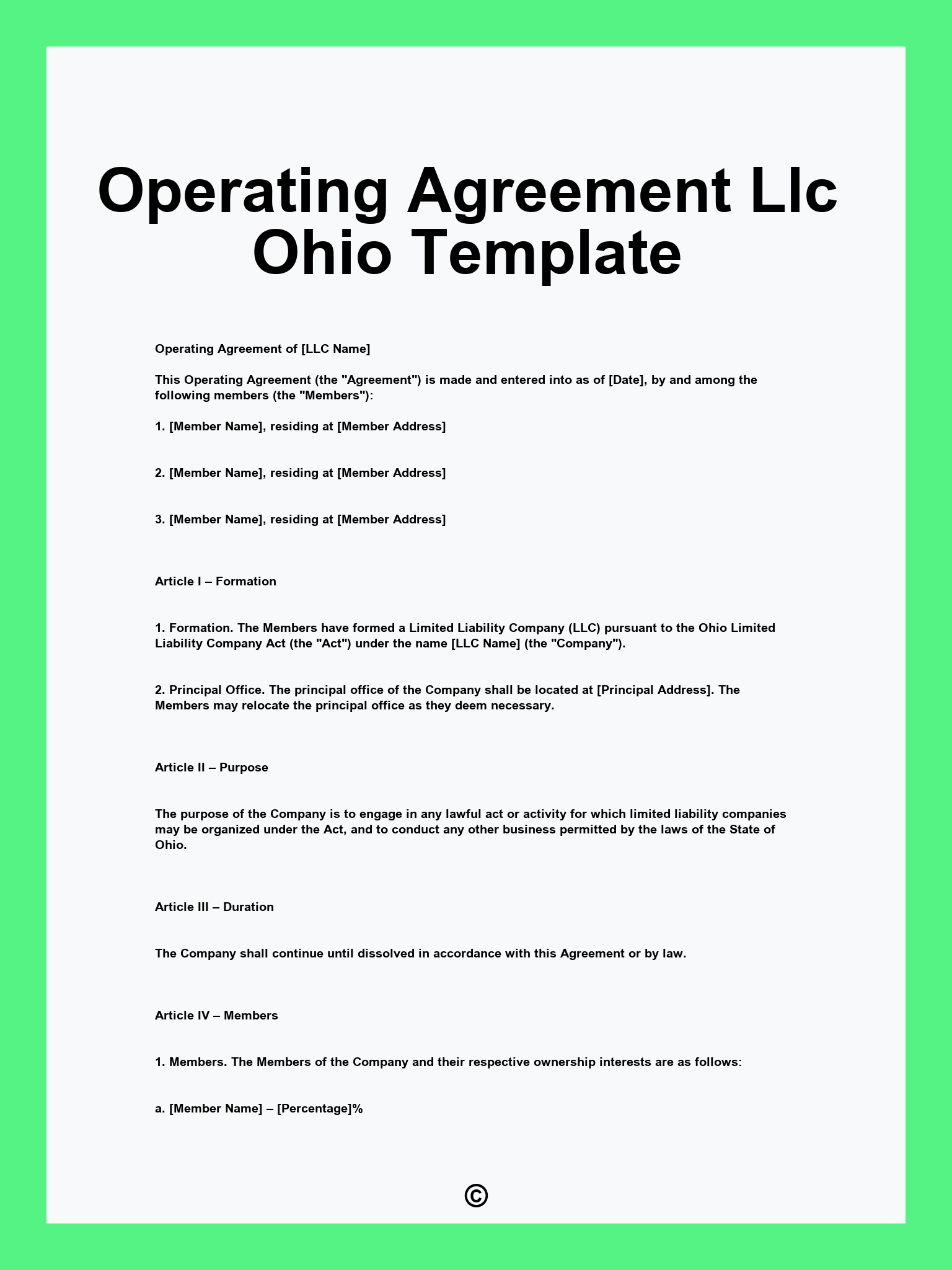 Operating Agreement Llc Ohio Template