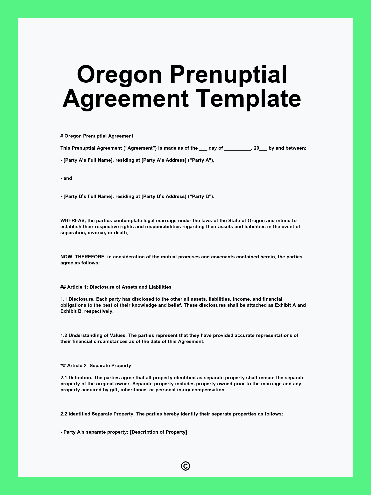 Oregon Prenuptial Agreement Template