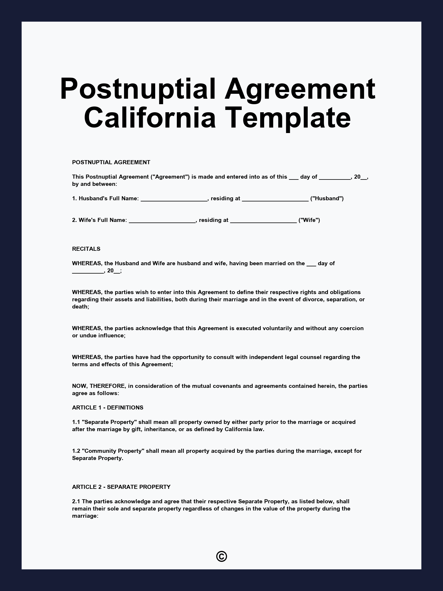 Postnuptial Agreement California Template