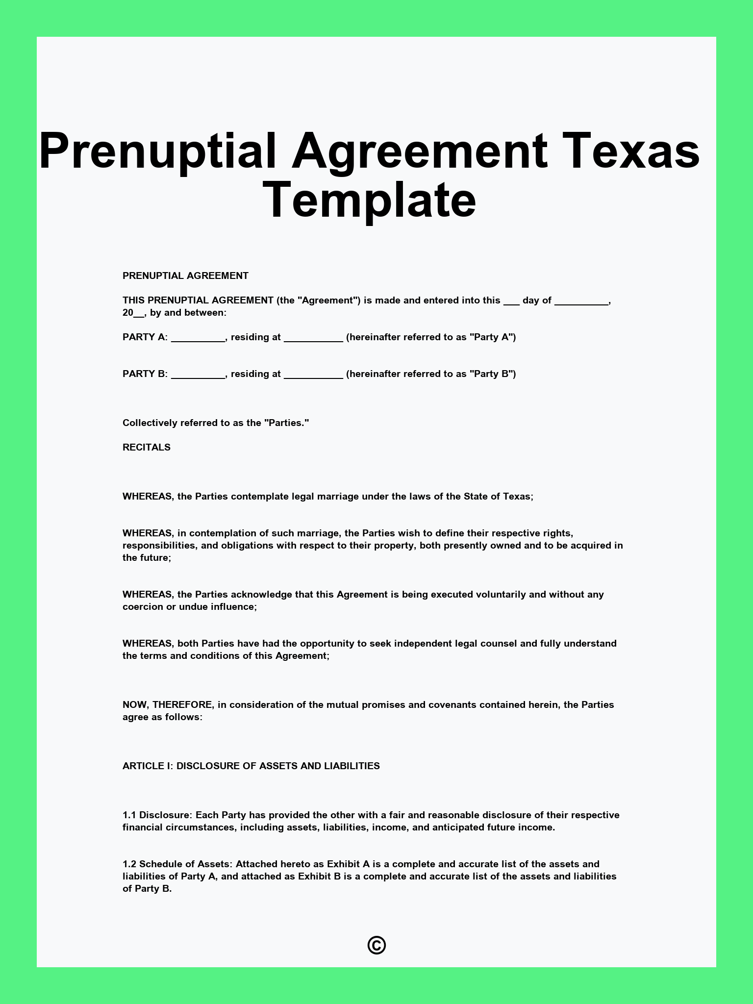 Prenuptial Agreement Texas Template