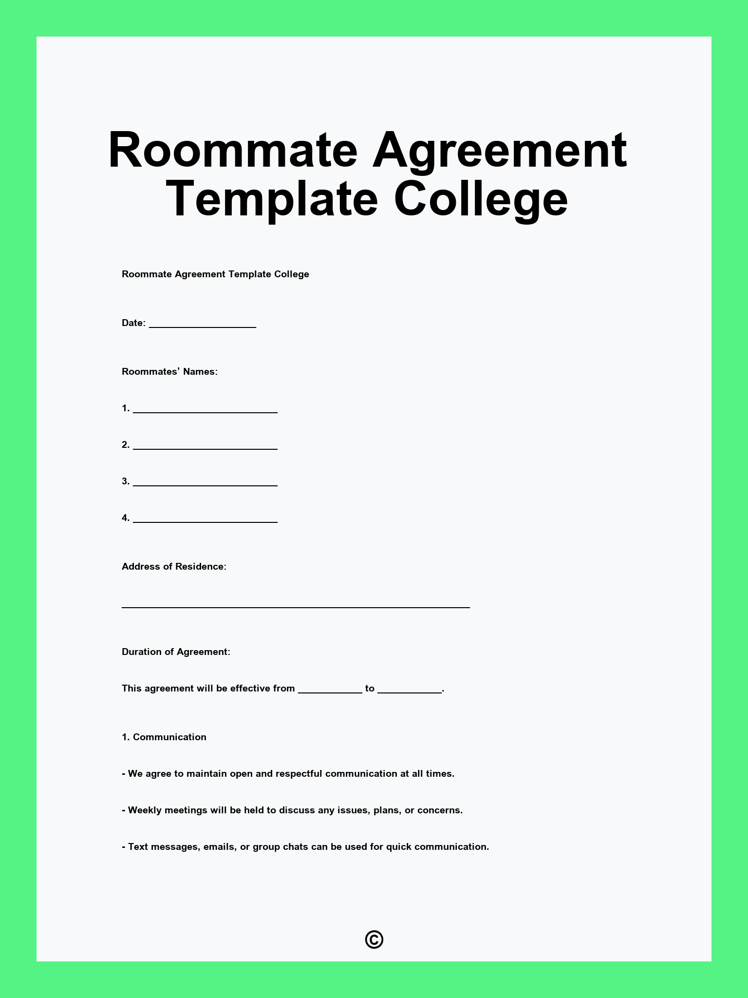 Roommate Agreement Template College
