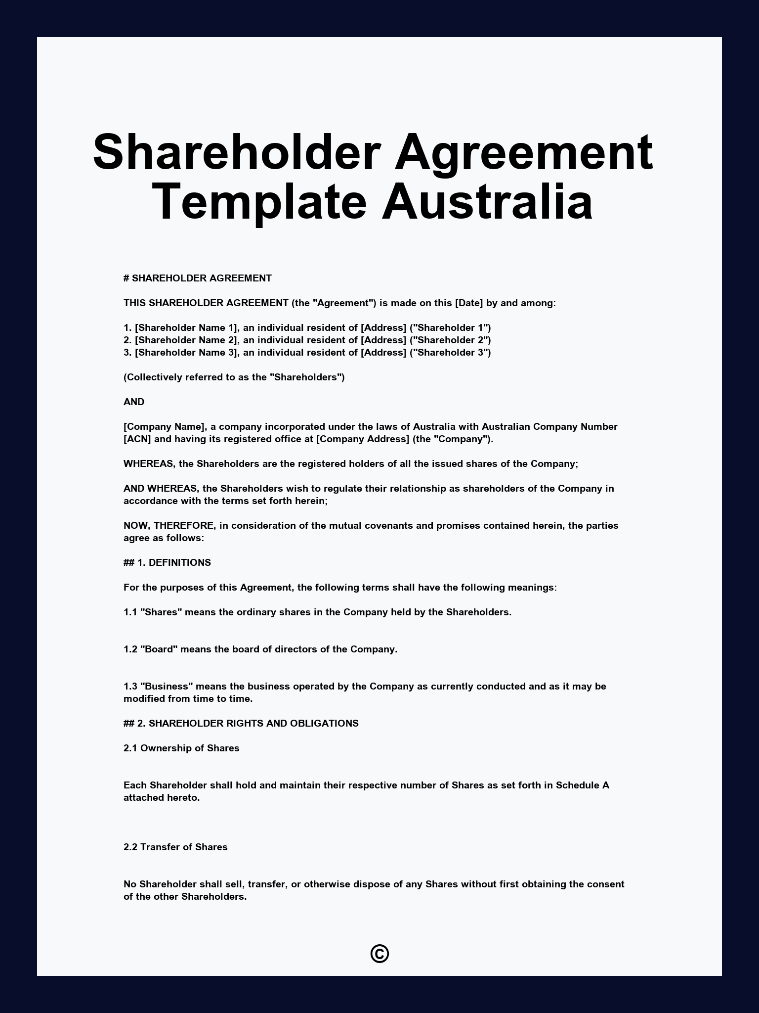 Shareholder Agreement Template Australia