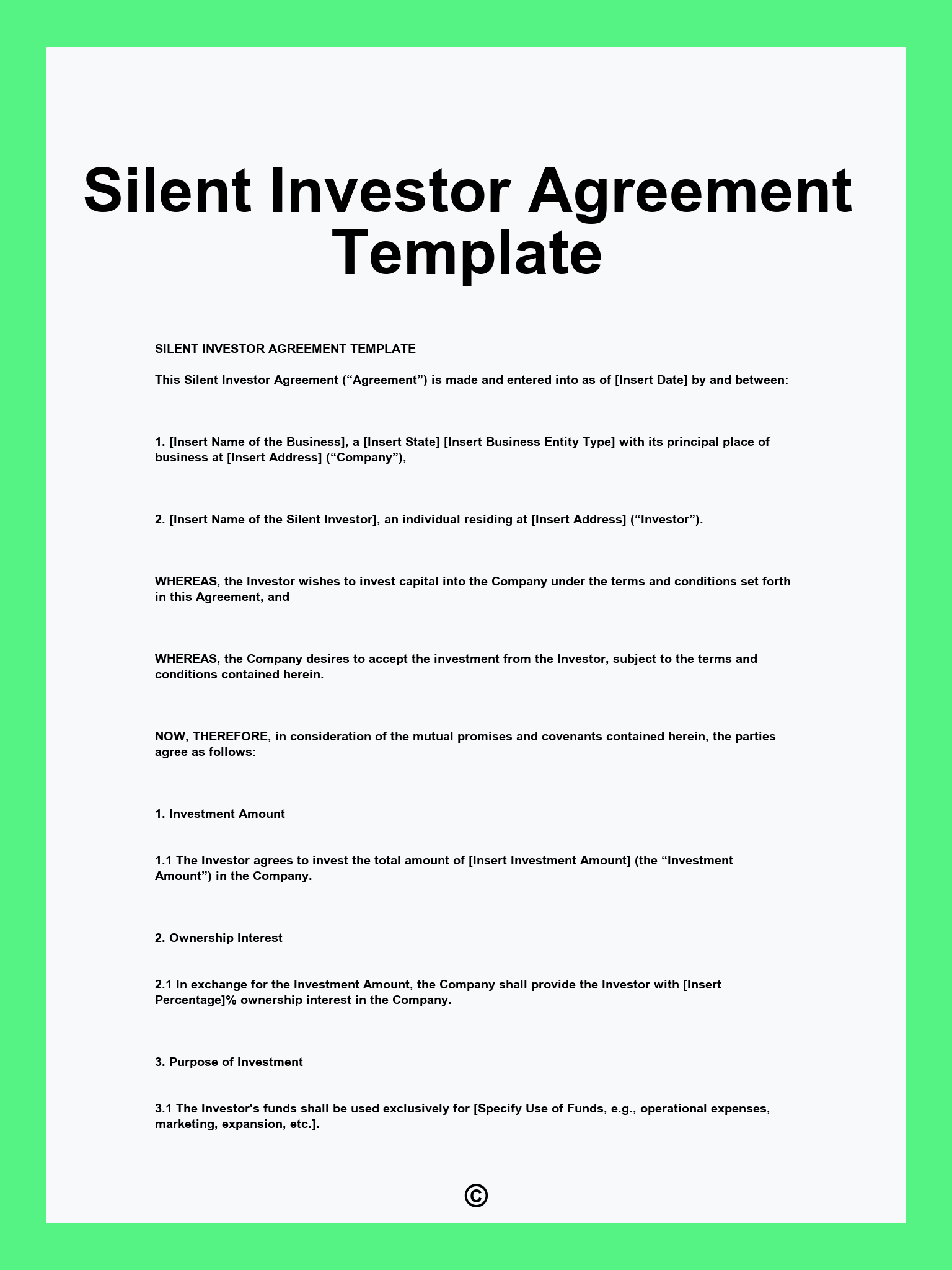 Silent Investor Agreement Template