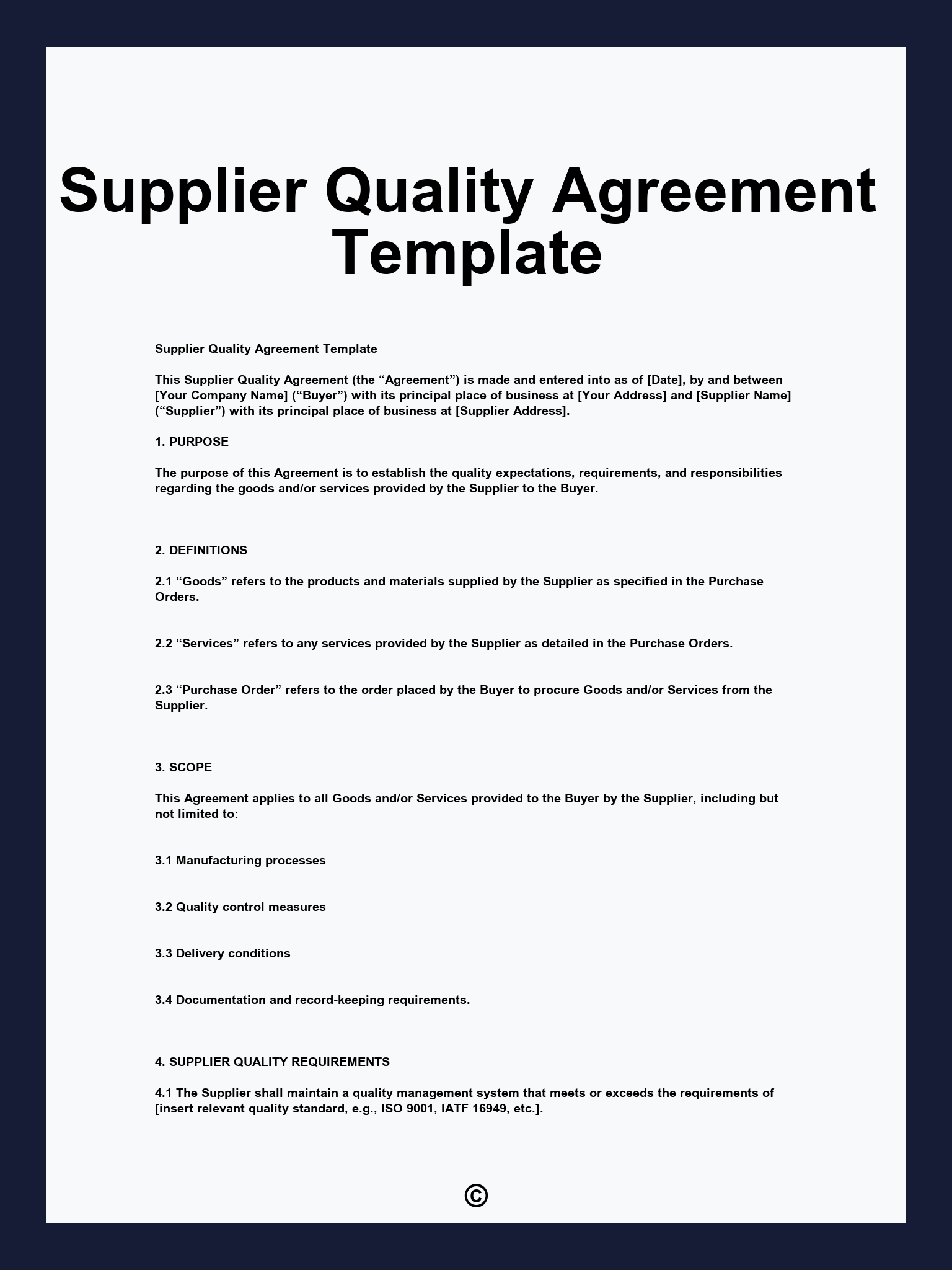 Supplier Quality Agreement Template