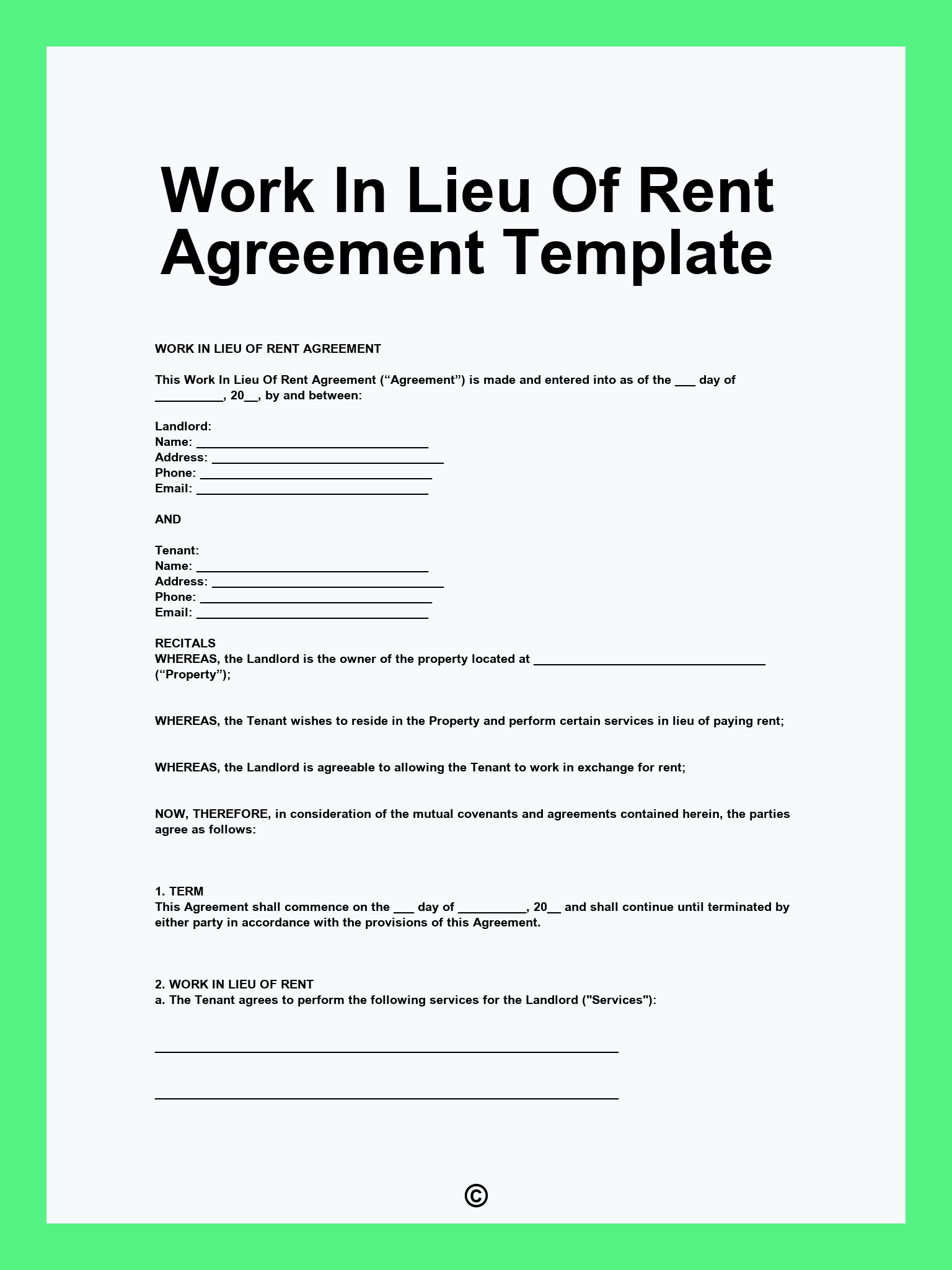 Work In Lieu Of Rent Agreement Template